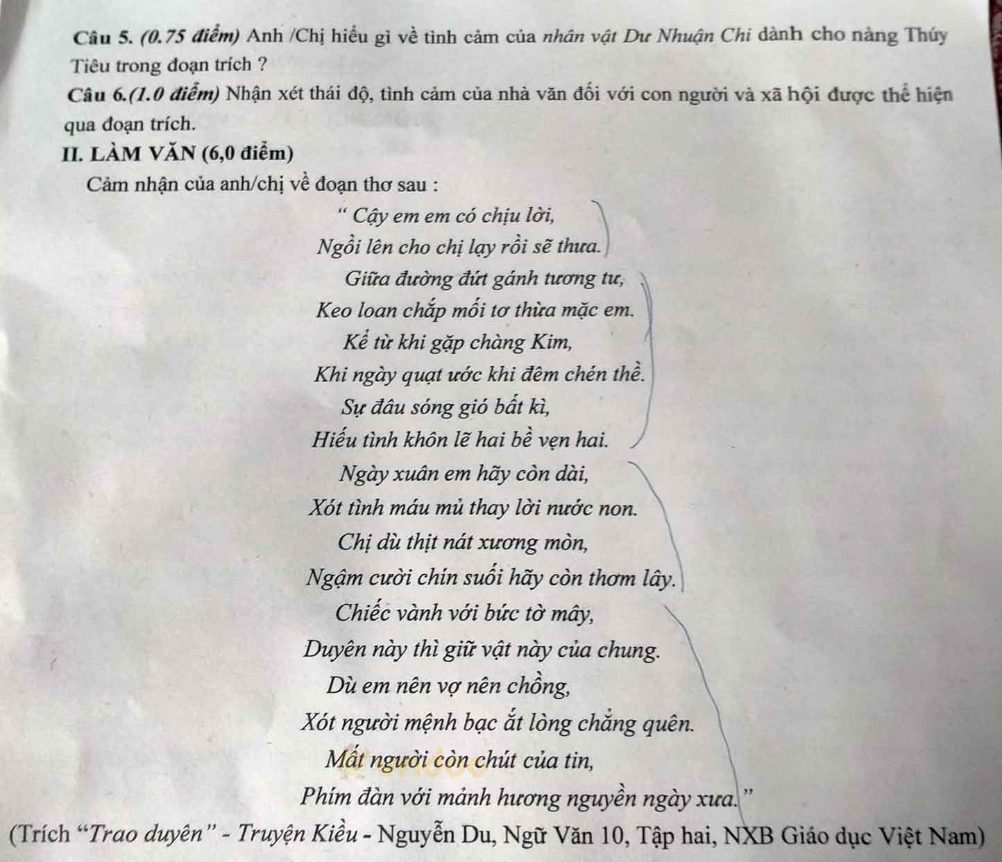 Đề thi học kì 2 môn Ngữ văn lớp 10 trường THPT Chi Lăng, Lâm Đồng năm 2020-2021