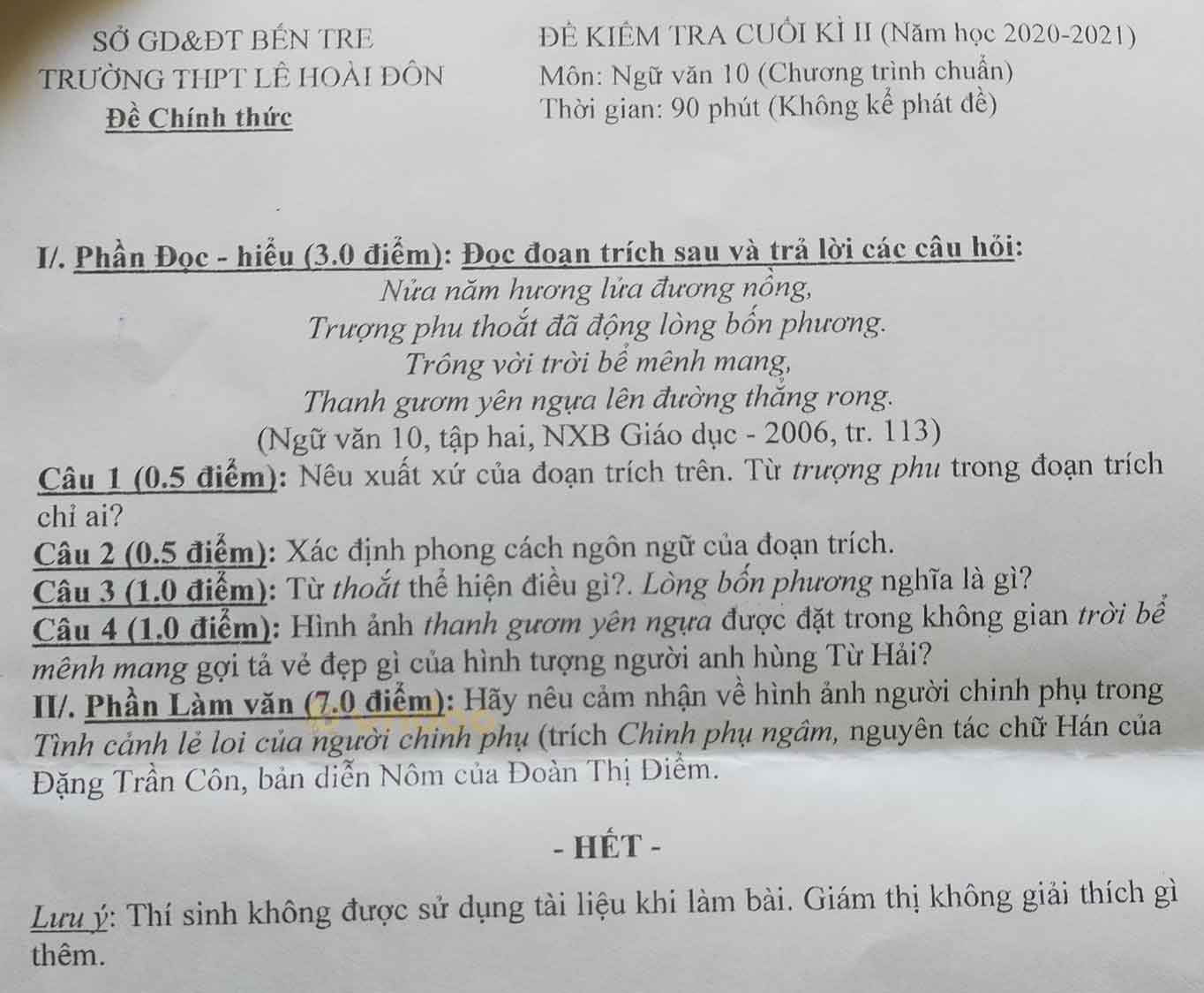 Đề thi học kì 2 môn Ngữ văn lớp 10 trường THPT Lê Hoài Đôn, Bến Tre năm 2020-2021
