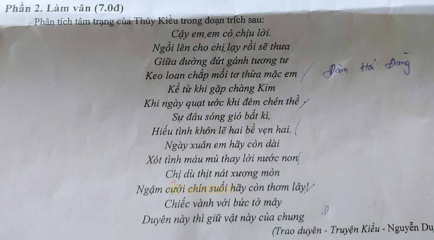 Đề thi học kì 2 môn Ngữ văn lớp 10 trường THPT Mai Thanh Thế, Sóc Trăng năm 2020-2021