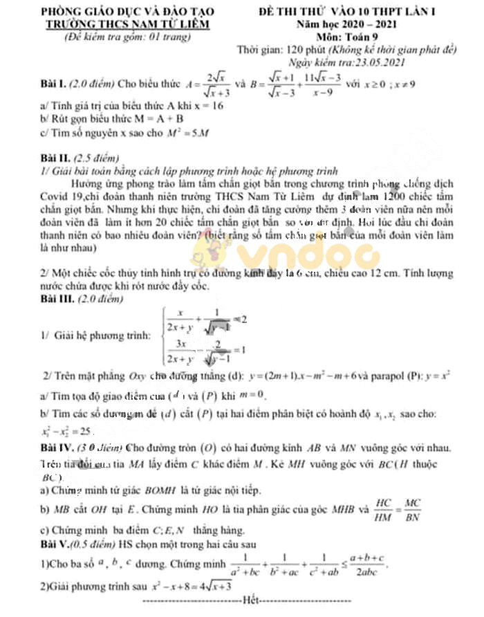 Đề thi thử vào lớp 10 môn Toán trường THCS Nam Từ Liêm năm 2020 - 2021 (lần 1)