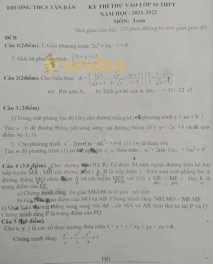 Đề thi thử vào lớp 10 môn Toán Trường THCS Tân Dân năm 2021 - 2022