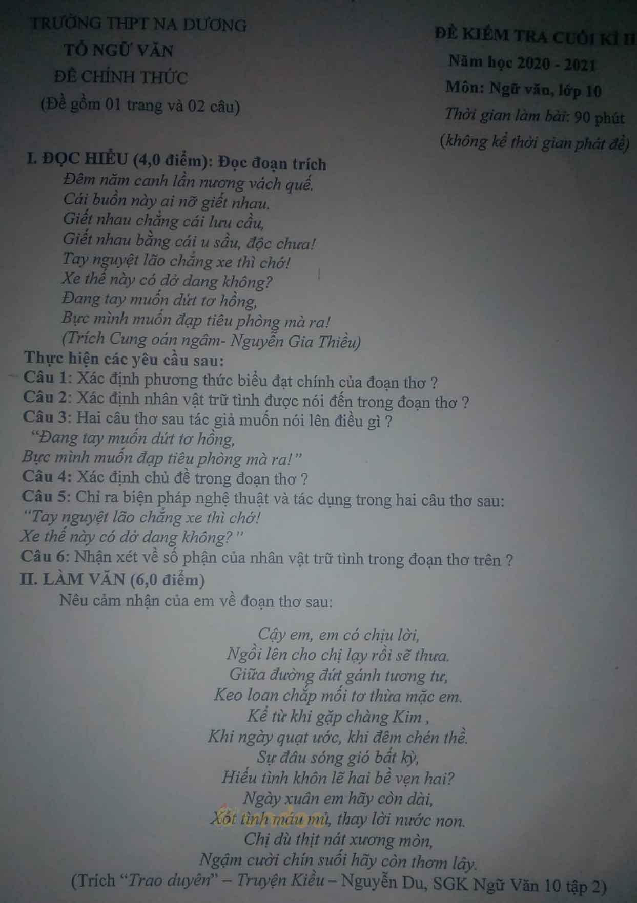 Đề thi học kì 2 môn Ngữ văn lớp 10 trường THPT Na Dương, Lạng Sơn năm 2020-2021