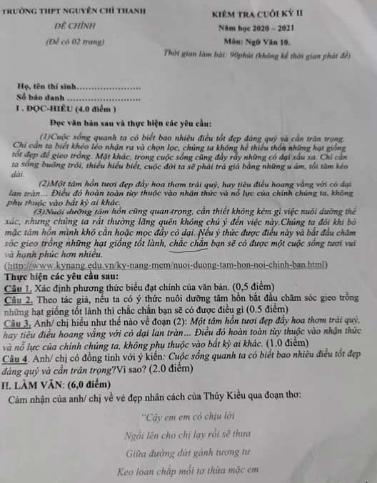 Đề thi học kì 2 môn Ngữ văn lớp 10 trường THPT Nguyễn Chí Thanh năm 2020-2021