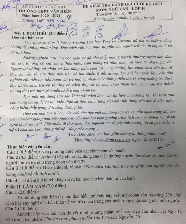 Đề thi học kì 2 môn Ngữ văn lớp 10 trường THPT Văn Hiến, Đồng Nai năm 2020-2021