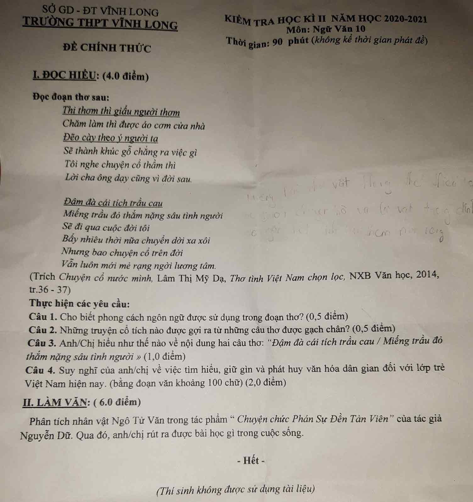 Đề thi học kì 2 môn Ngữ văn lớp 10 trường THPT Vĩnh Long năm 2020-2021