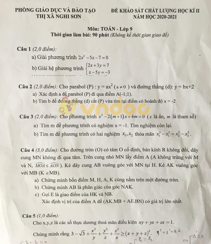 Đề thi thử vào lớp 10 môn Toán Phòng GD&ĐT TX Nghi Sơn năm 2020 - 2021