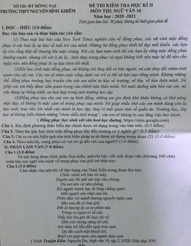 Đề thi học kì 2 môn Ngữ văn lớp 10 trường THPT Nguyễn Bỉnh Khiêm, Đồng Nai năm 2020-2021