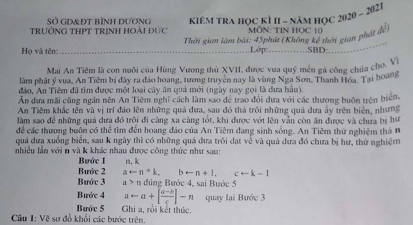 Đề thi học kì 2 môn Tin học lớp 10 trường THPT Trịnh Hoài Đức, Bình Dương năm 2020-2021