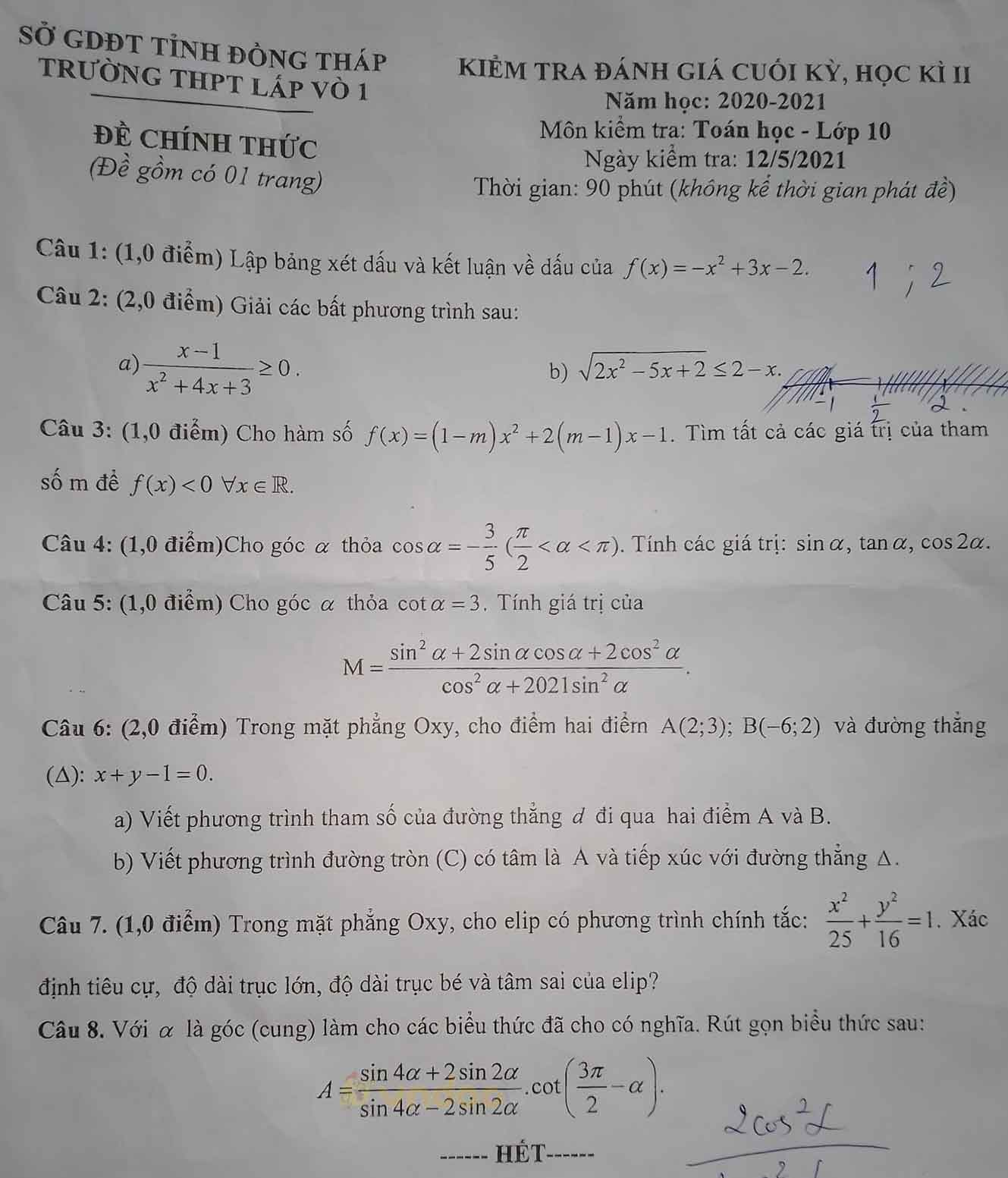 Đề thi học kì 2 môn Toán lớp 10 trường THPT Lấp Vò 1, Đồng Tháp năm 2020-2021