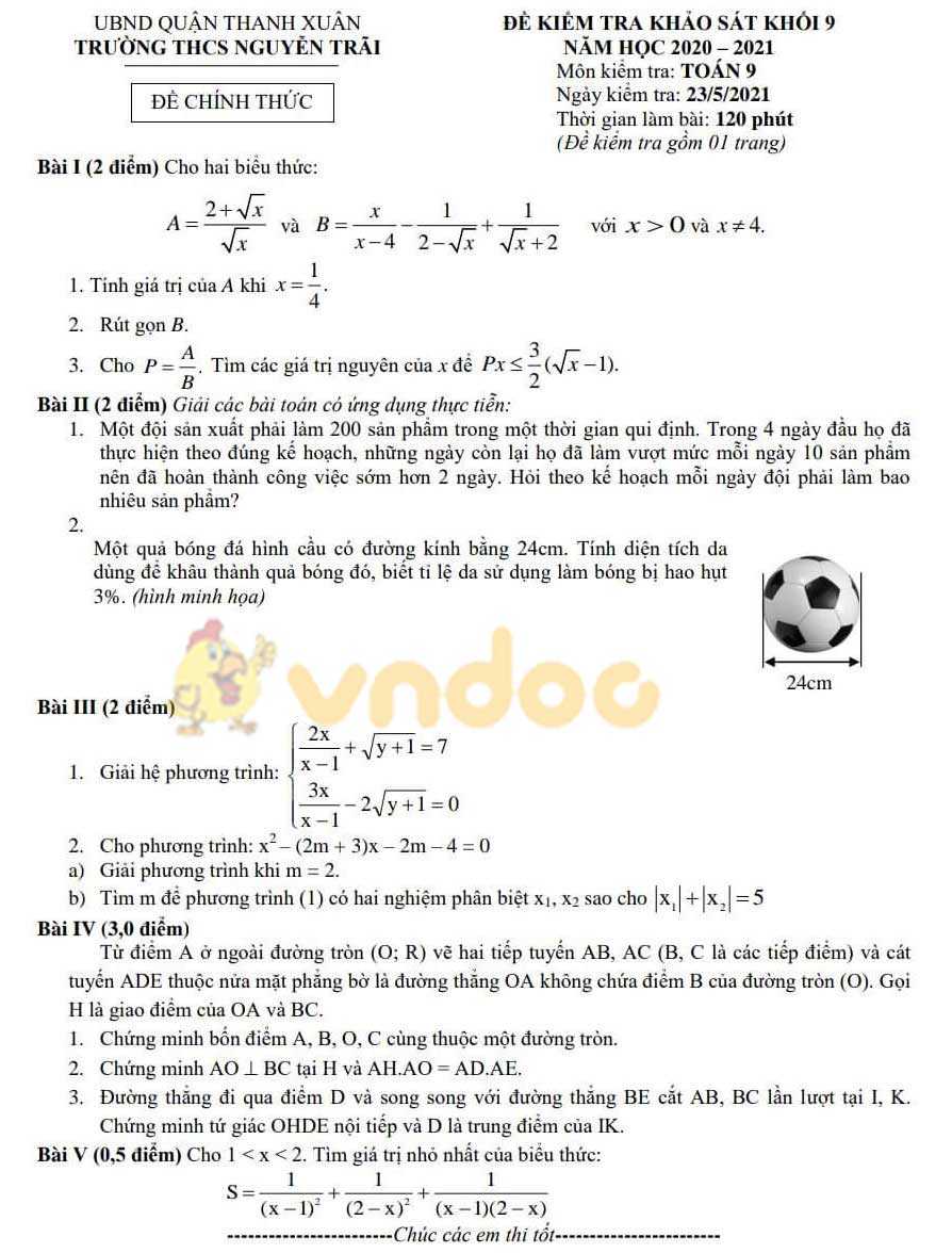 Đề thi thử vào lớp 10 môn Toán Trường THCS Nguyễn Trãi, Thanh Xuân năm 2020 - 2021