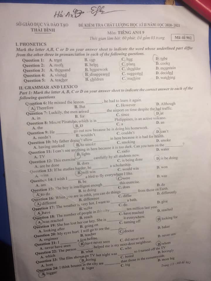 Đề thi tiếng Anh lớp 9 học kì 2 tỉnh Thái Bình năm 2020 - 2021