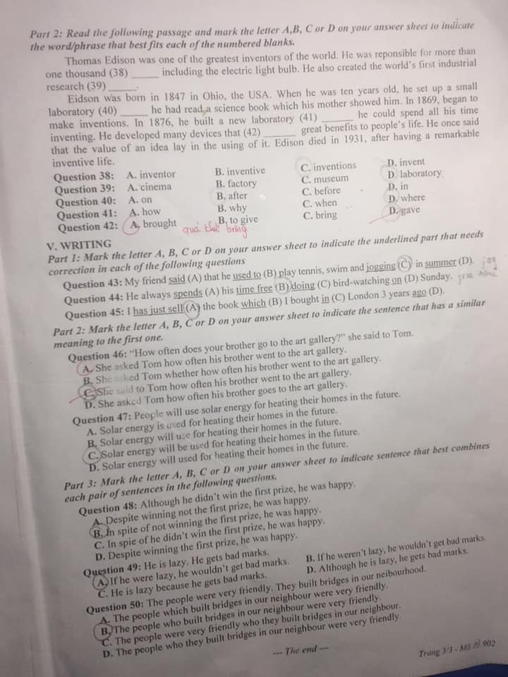 Đề thi tiếng Anh lớp 9 học kì 2 tỉnh Thái Bình năm 2020 - 2021