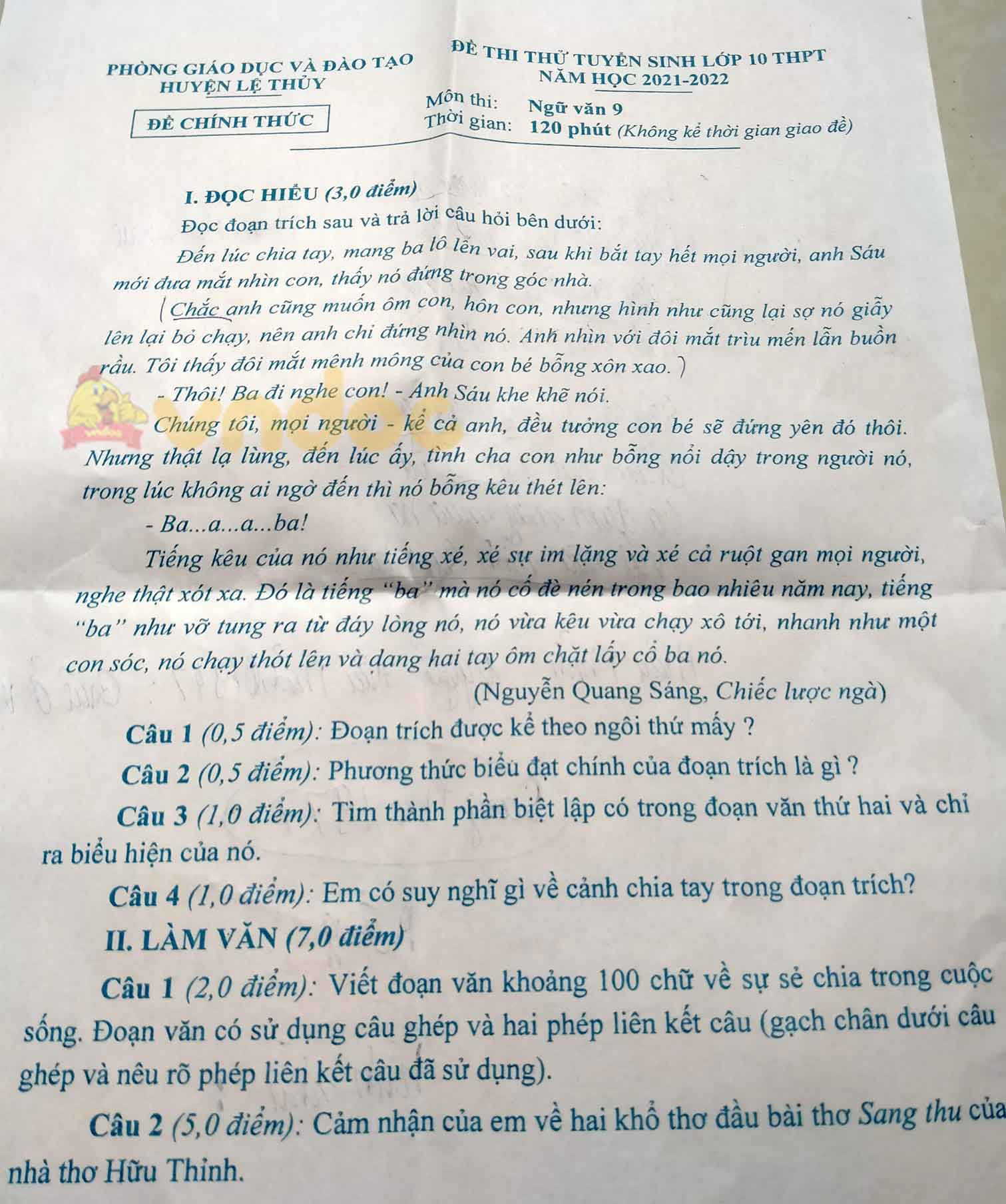 Đề thi thử vào lớp 10 môn Ngữ văn Phòng GDĐT huyện Lệ Thủy, Quảng Bình năm 2021 - 2022