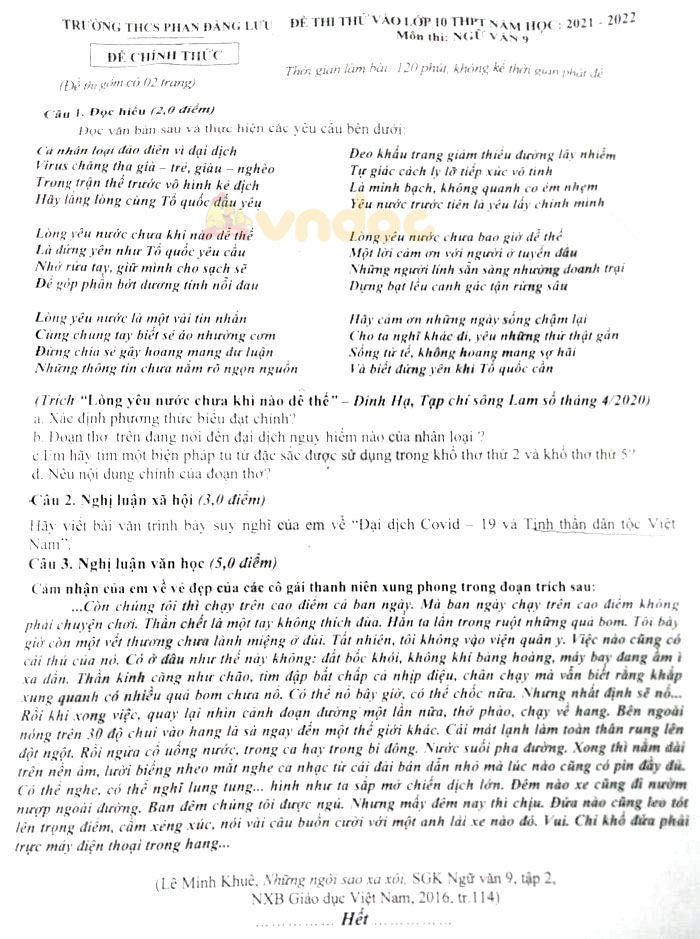 Đề thi thử vào lớp 10 môn Ngữ văn Trường THCS Phan Đăng Lưu năm 2021 - 2022