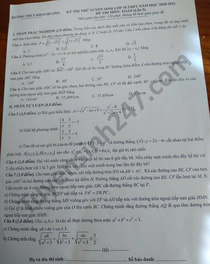Đề thi thử vào lớp 10 môn Toán Trường THCS Khai Quang năm 2020 - 2021 (lần 5)