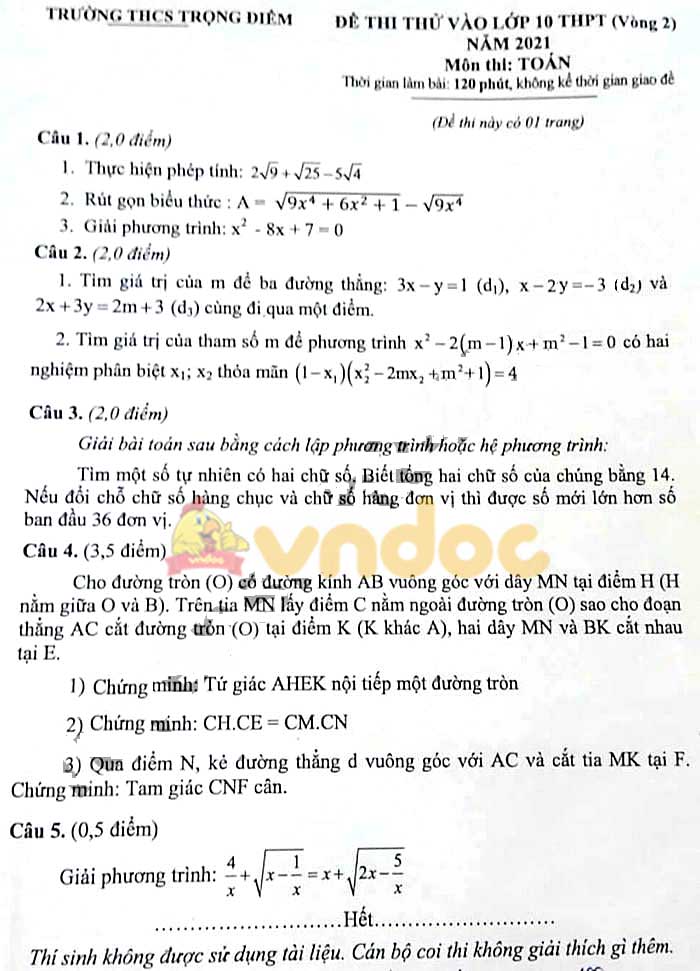 Đề thi thử vào lớp 10 môn Toán Trường THCS Trọng Điểm năm 2021 (vòng 2)