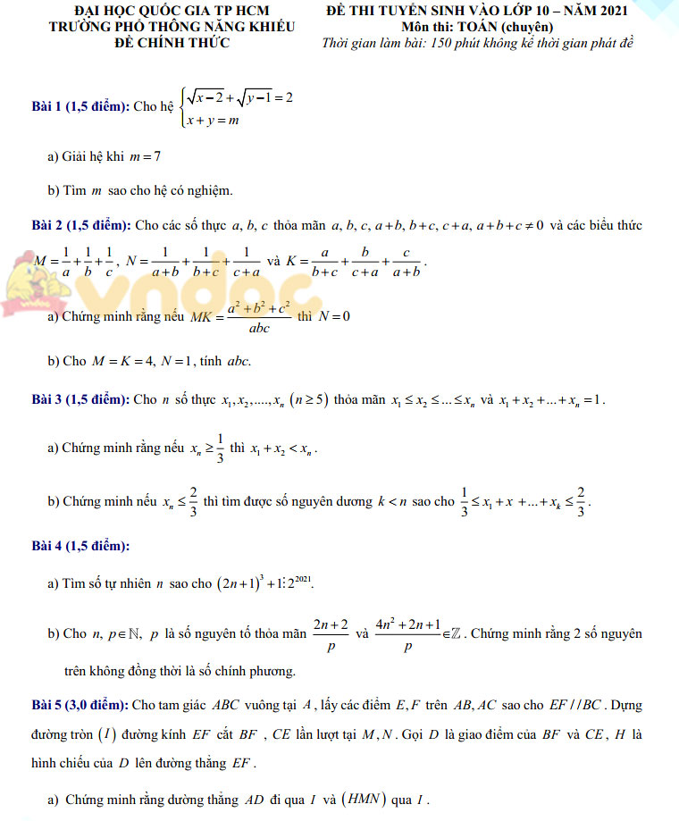 Đề thi tuyển sinh lớp 10 môn Toán năm 2021 Trường Phổ Thông Năng Khiếu, TP. HCM (đề chuyên)