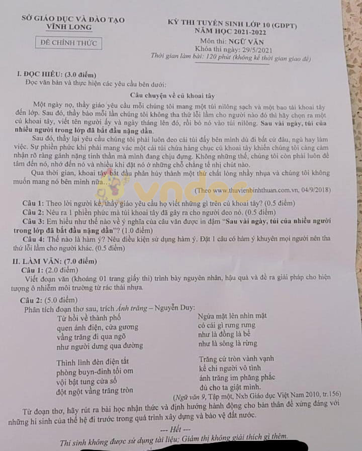 đề thi tuyển sinh lớp 10 môn Văn tỉnh Vĩnh Long năm 2021