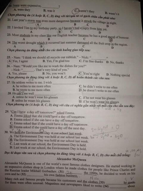 Đáp án Đề thi tuyển sinh lớp 10 môn Anh Vĩnh Long 2021