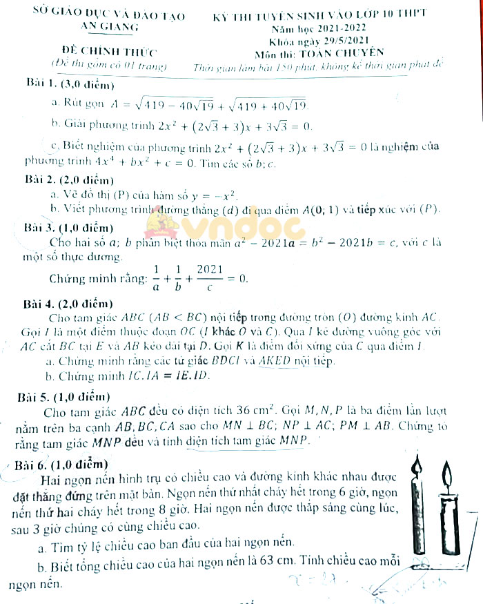 Đáp án đề thi vào lớp 10 tỉnh An Giang môn Toán chuyên 2021