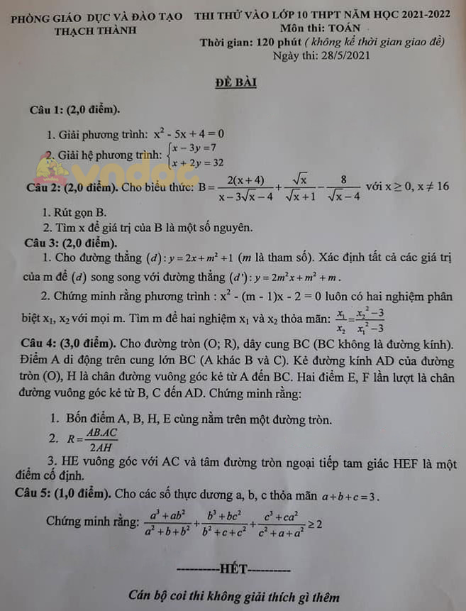 Đề thi thử vào lớp 10 môn Toán Phòng GD&ĐT Thạch Thành, Thanh Hóa năm 2021 - 2022 (lần 3)