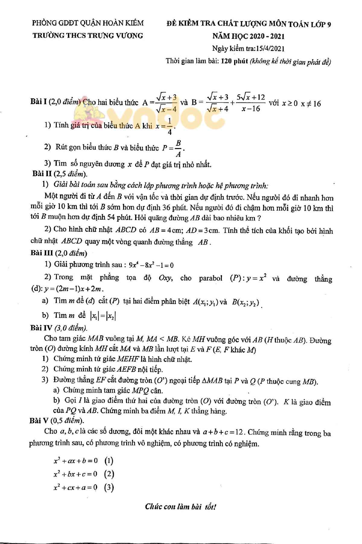 Đề thi thử vào lớp 10 môn Toán Trường THCS Trưng Vương, Hoàn Kiếm năm 2020 - 2021
