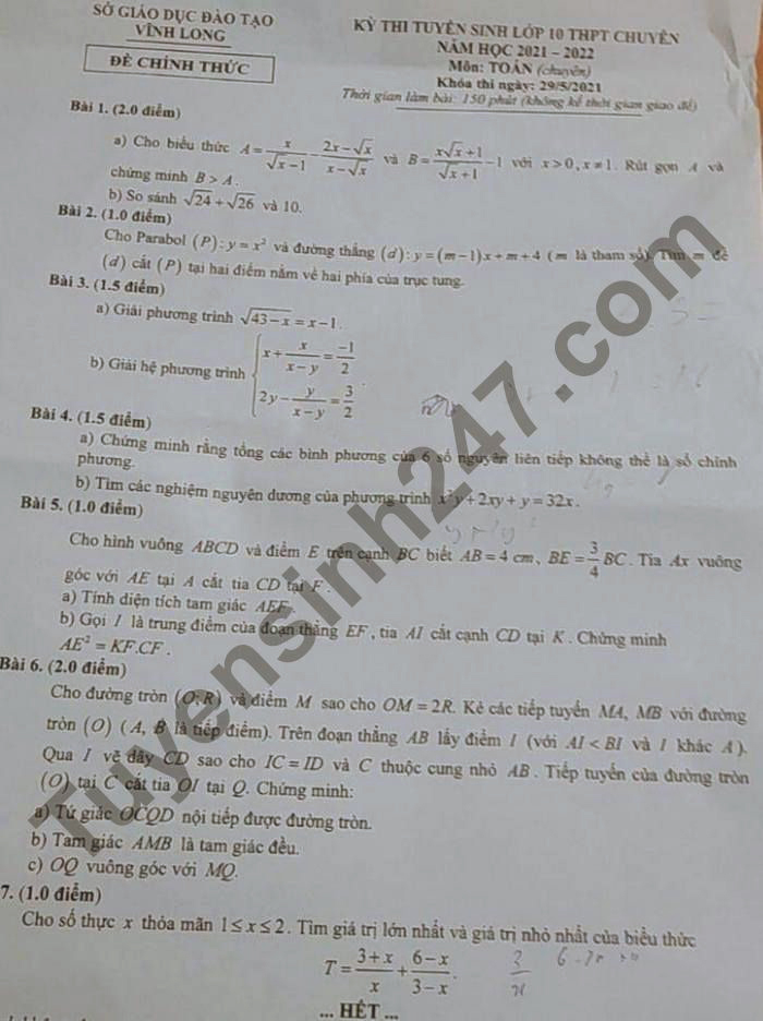 Đáp án đề thi tuyển sinh lớp 10 môn Toán chuyên tỉnh Vĩnh Long năm 2021