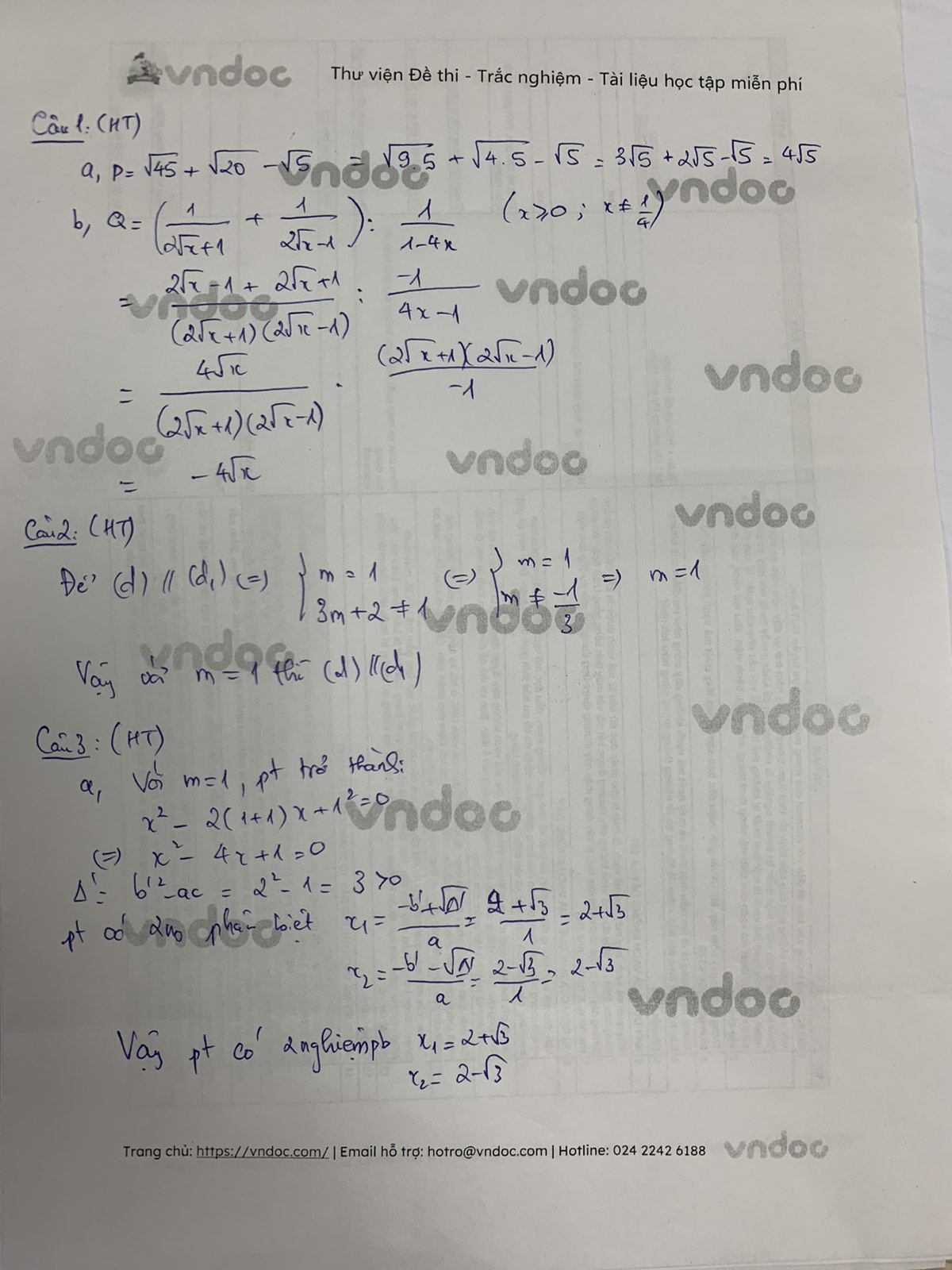 Đáp án đề thi tuyển sinh lớp 10 môn Toán tỉnh Hà Tĩnh năm 2021