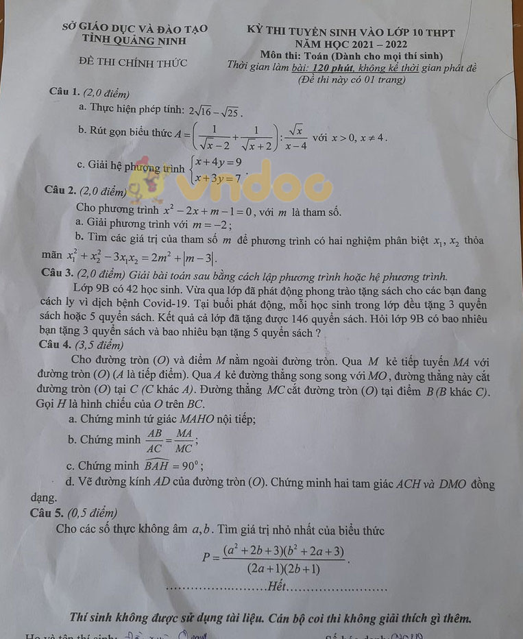 Đáp án đề thi tuyển sinh lớp 10 môn Toán tỉnh Quảng Ninh năm 2021