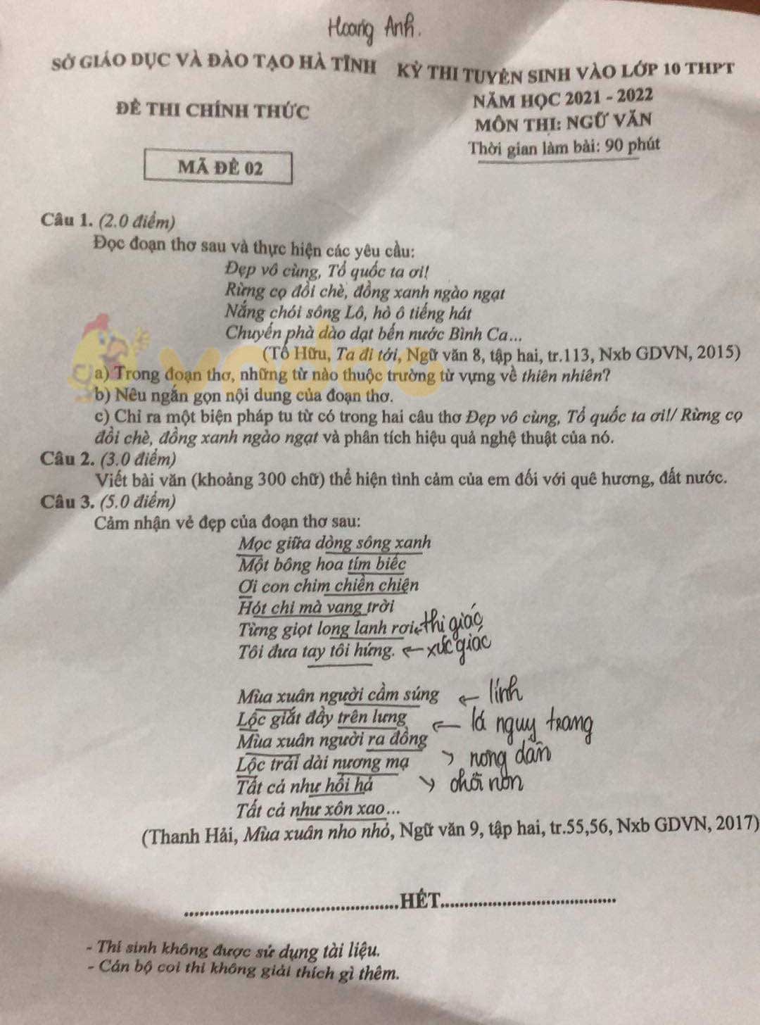 Đề thi tuyển sinh lớp 10 môn Văn tỉnh Hà Tĩnh năm 2021