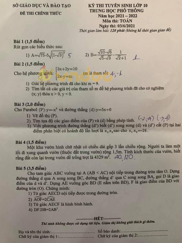 Đề thi tuyển sinh lớp 10 môn Toán tỉnh Bình Dương năm 2021