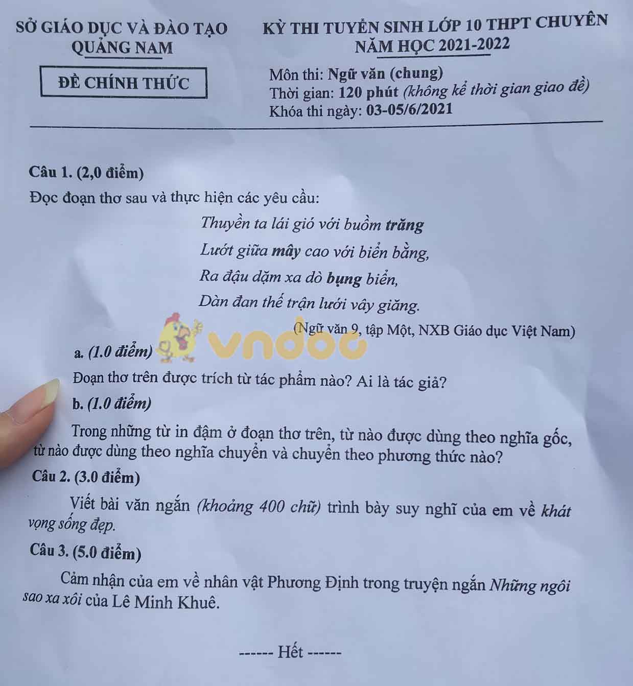 Đáp án đề thi tuyển sinh lớp 10 môn Văn chuyên Sở GD&ĐT Quảng Nam năm 2021