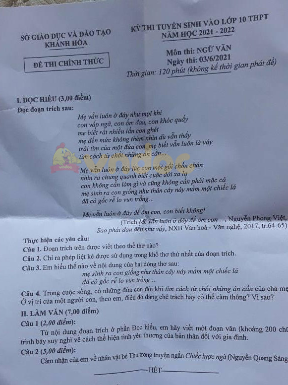 Đề thi vào lớp 10 môn Toán tỉnh Khánh Hòa năm 2021