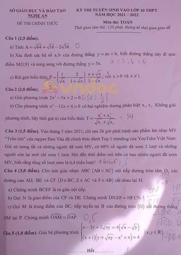 Đáp án đề thi tuyển sinh lớp 10 môn Toán tỉnh Nghệ An năm 2021