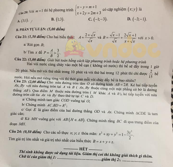 Đề thi tuyển sinh lớp 10 môn Toán Trường THPT Duy Tân năm 2021