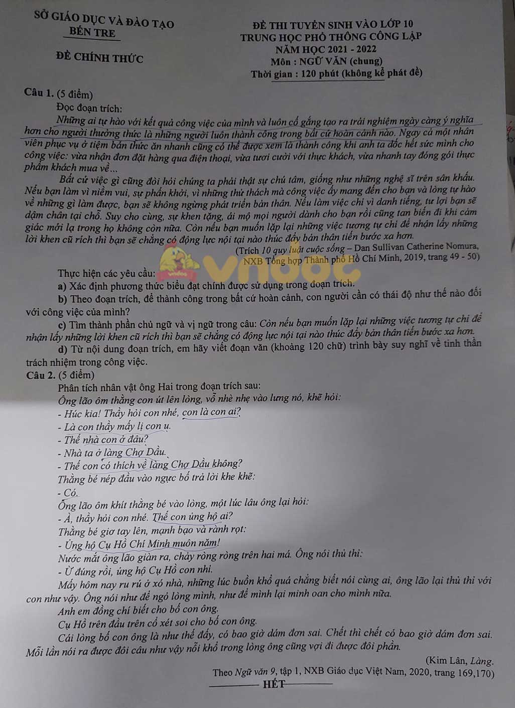 Đáp án đề thi tuyển sinh lớp 10 môn Văn tỉnh Bến Tre năm 2021