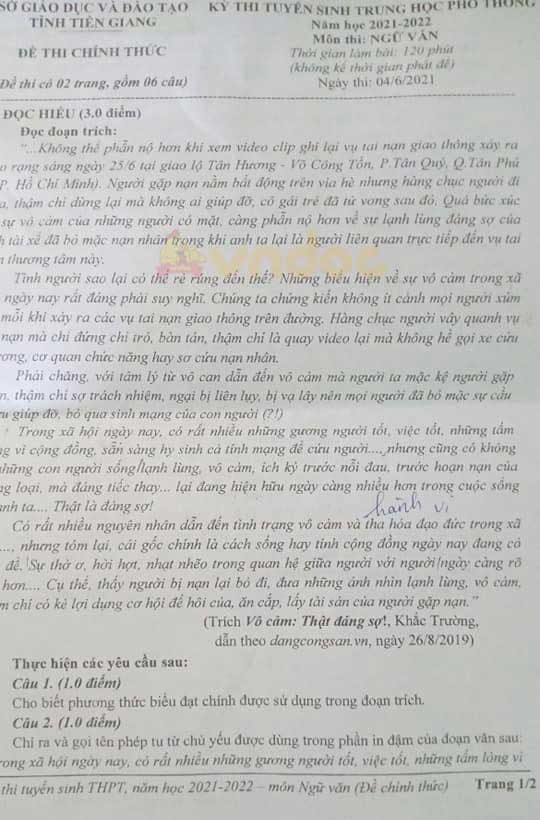 Đề thi tuyển sinh lớp 10 môn Văn tỉnh Tiền Giang năm 2021