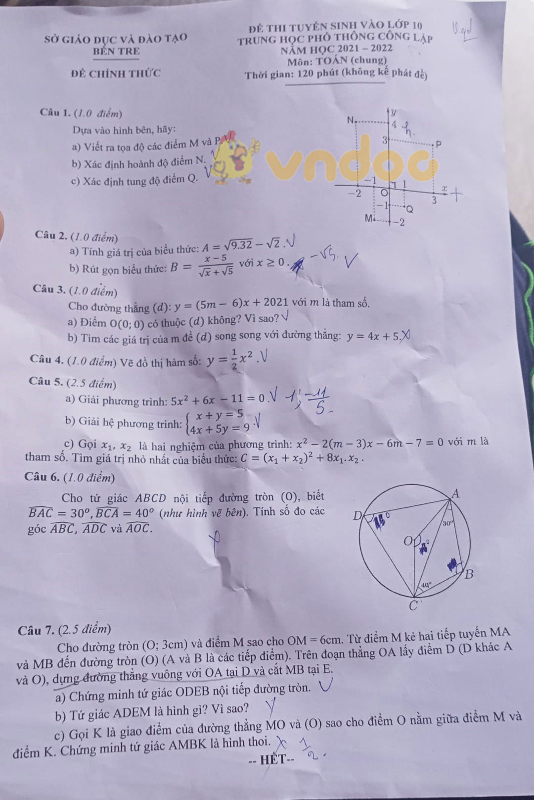 Đề thi tuyển sinh lớp 10 môn Toán Bến Tre