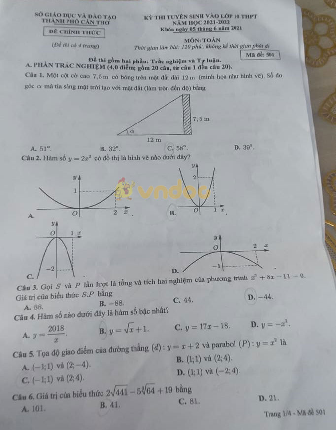 Đề thi tuyển sinh lớp 10 môn Toán Cần Thơ