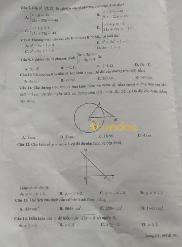 Đề thi tuyển sinh lớp 10 môn Toán Cần Thơ