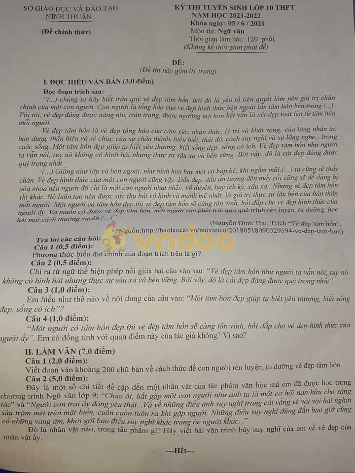 Đề thi tuyển sinh lớp 10 môn Văn tỉnh Ninh Thuận năm 2021