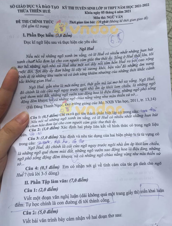 Đề thi vào lớp 10 môn Văn tỉnh Thừa Thiên Huế năm 2021