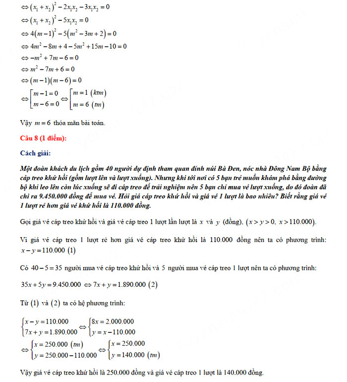 Đáp án đề thi vào lớp 10 môn Toán tỉnh Tây Ninh năm 2021