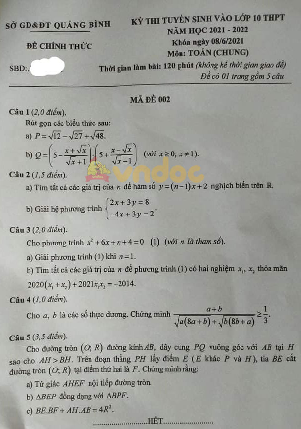 Đề thi vào lớp 10 môn Toán tỉnh Quảng Bình năm 2021