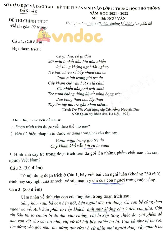 Đề thi vào lớp 10 môn Văn tỉnh Đắk Lắk năm 2021