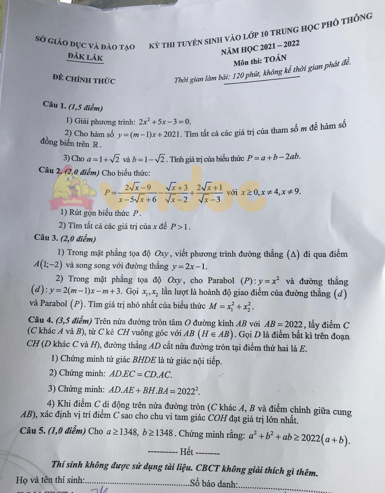 Đề thi vào lớp 10 môn Toán tỉnh Đắk Lắk năm 2021