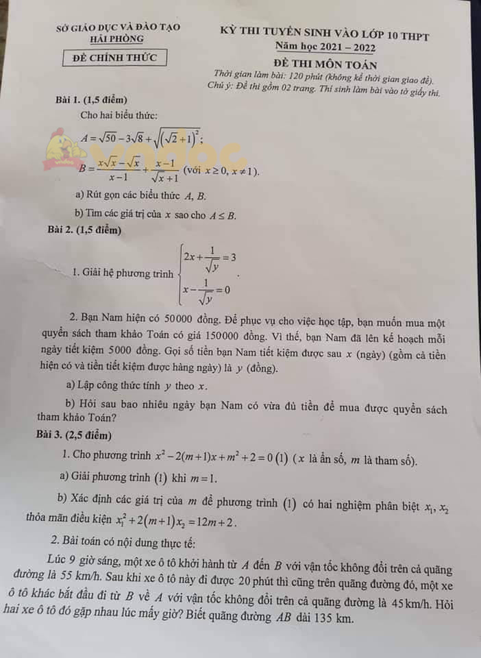 Đề thi vào lớp 10 môn Toán tỉnh Hải Phòng năm 2021