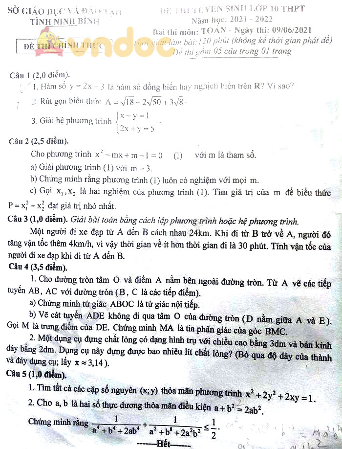 Đề thi vào lớp 10 môn Toán tỉnh Ninh Bình năm 2021