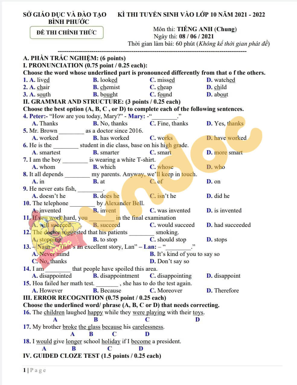 Đáp án đề thi vào lớp 10 môn tiếng Anh Bình Phước 2021