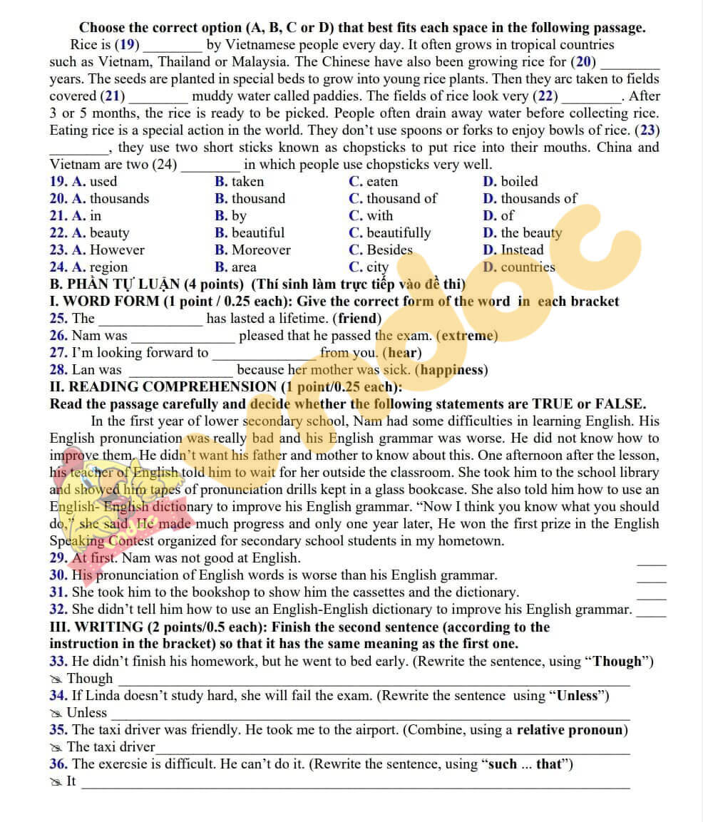 Đáp án đề thi vào lớp 10 môn tiếng Anh Bình Phước 2021